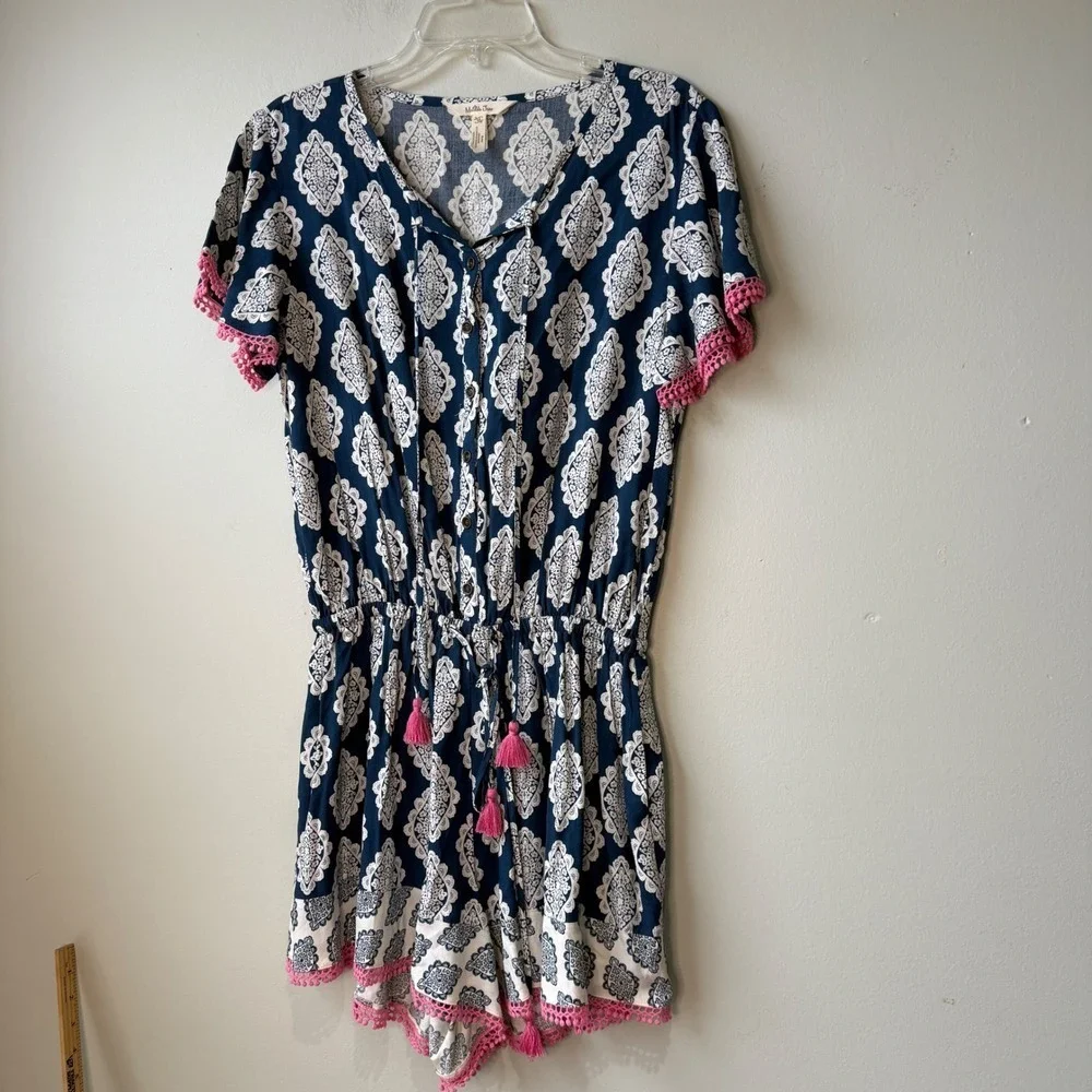Matilda Jane Boho‎ Tribal Print Romper Dress Blue Pink Tassels Drawstring M